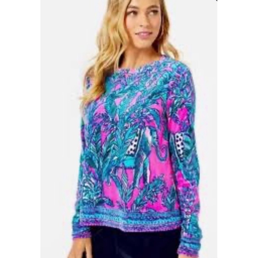 Lilly Pulitzer Finn Top Elephant In The Room Pink Teal Blue Velour Pullover XXS